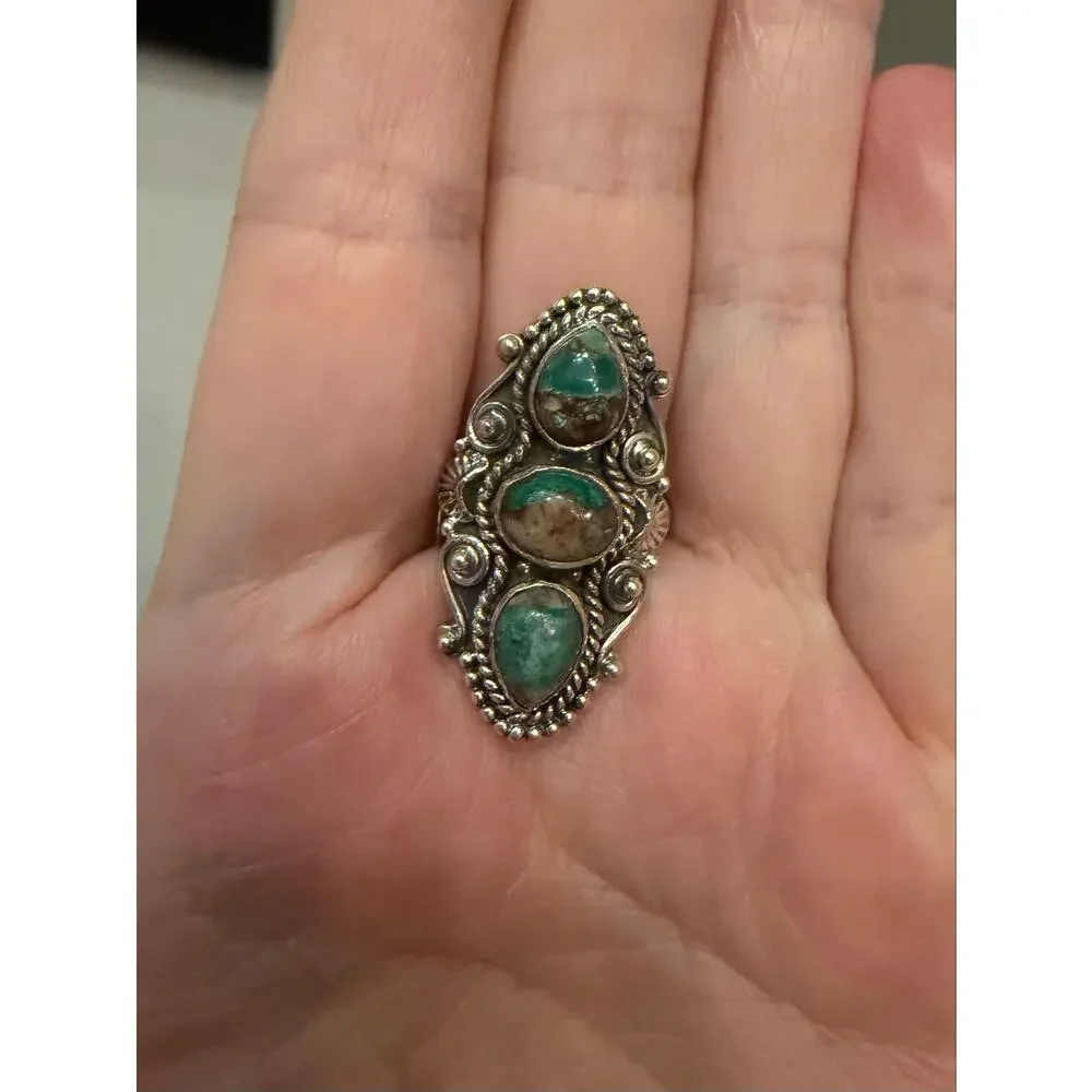 Royston Turquoise Three Stone Sterling 925 Ring Size 9 Adjustable